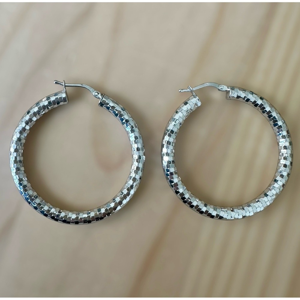 VTG MI Media Imports Hoop‎ Earrings 1.5 Inch Textured Italy 925 Sterling 5.3g